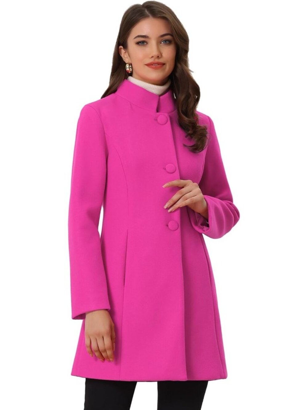 Women's Hot Pink Mid-long Stand Collar Single Breasted Loose Fit Trench Coat